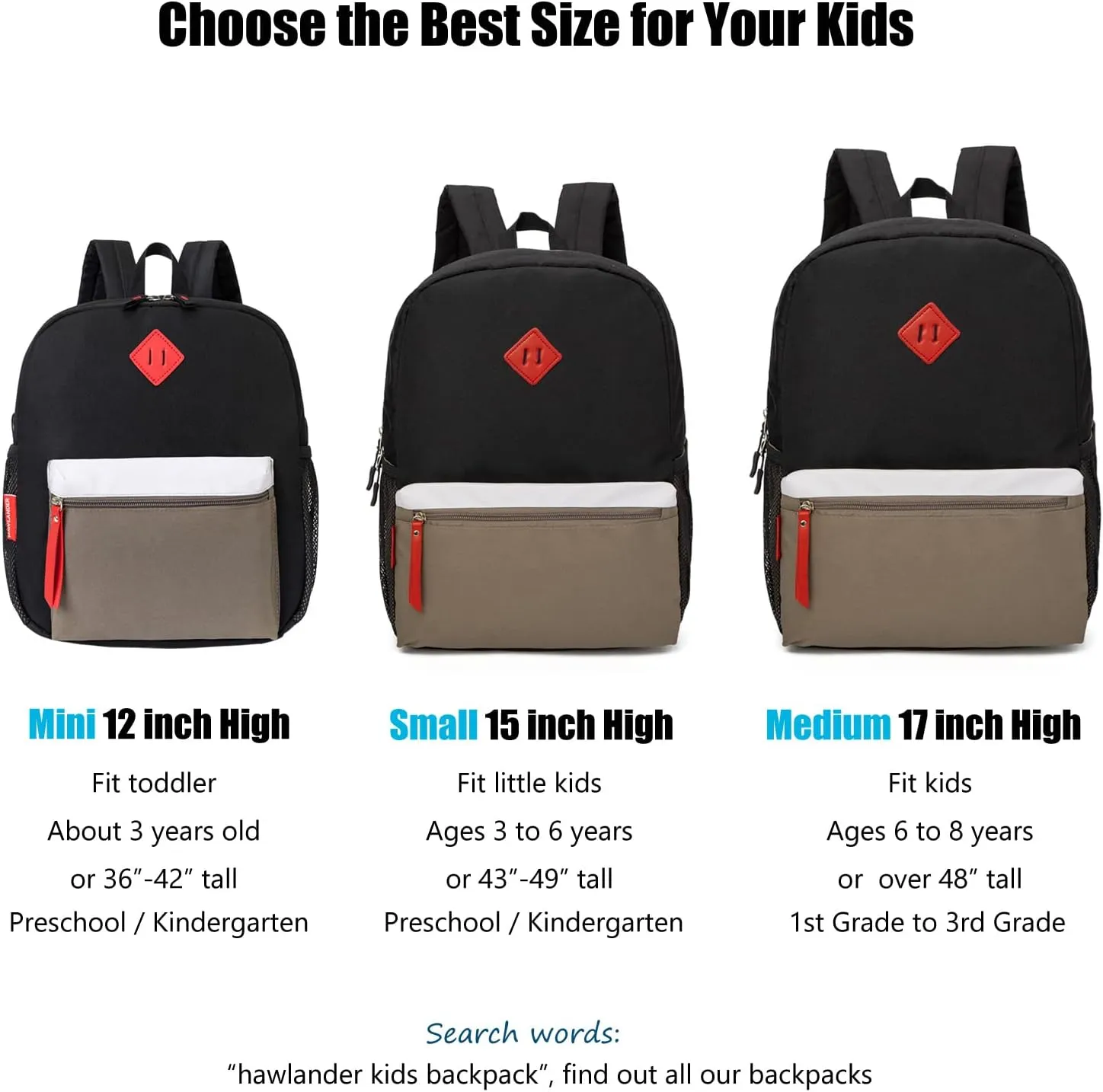 HawLander Little Kids Backpack for Boys Toddler School Bag Fits 3 to 6 years old, 15 inch, Black Grey