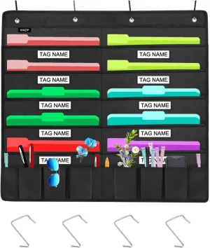 Heavy Duty 10 Pocket Door Hanging File Organizer with Name Tag Holders, Black Wall Storage Pocket Charts with 4 Hangers, Great for Classroom, School, Home or Office Use (10 Nametag Pocket)