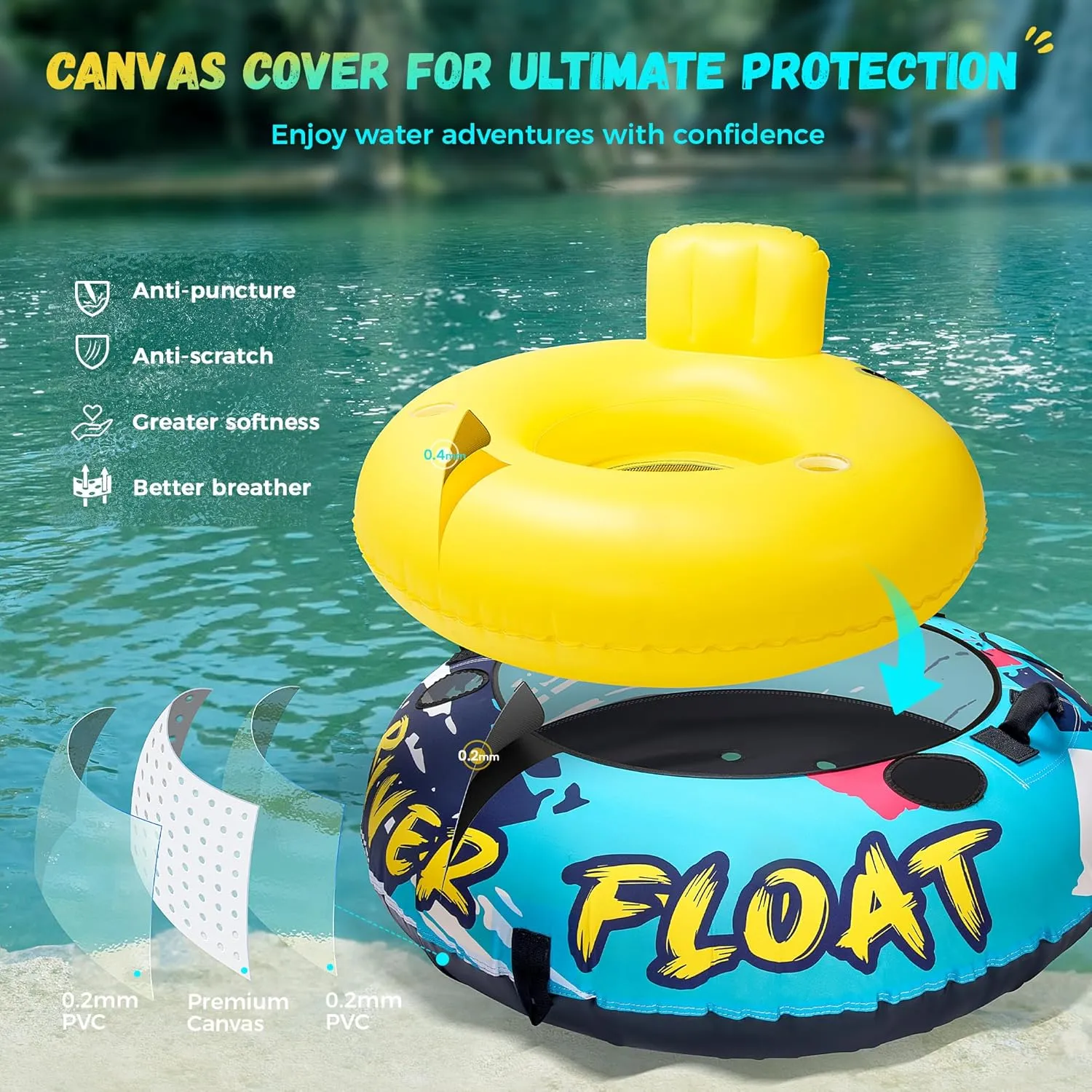 Heavy Duty River Tube with Canvas Cover 53'' Large Pool Floats Adult Inflatable Water Tubes for Floating Blow Up Lake Raft Tubing Floaties Lounge Chair with Cup Holders Backrest Grip Handles