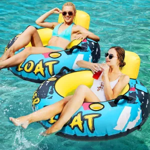 Heavy Duty River Tube with Canvas Cover 53'' Large Pool Floats Adult Inflatable Water Tubes for Floating Blow Up Lake Raft Tubing Floaties Lounge Chair with Cup Holders Backrest Grip Handles