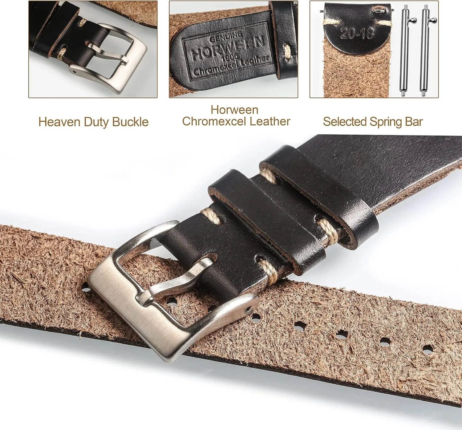 hemsut h Leather Watch Bands for Men, Horween Quick Release Leather Watch Strap Vintage Watch Replacement Wrap of 18mm, 20mm, 22mm
