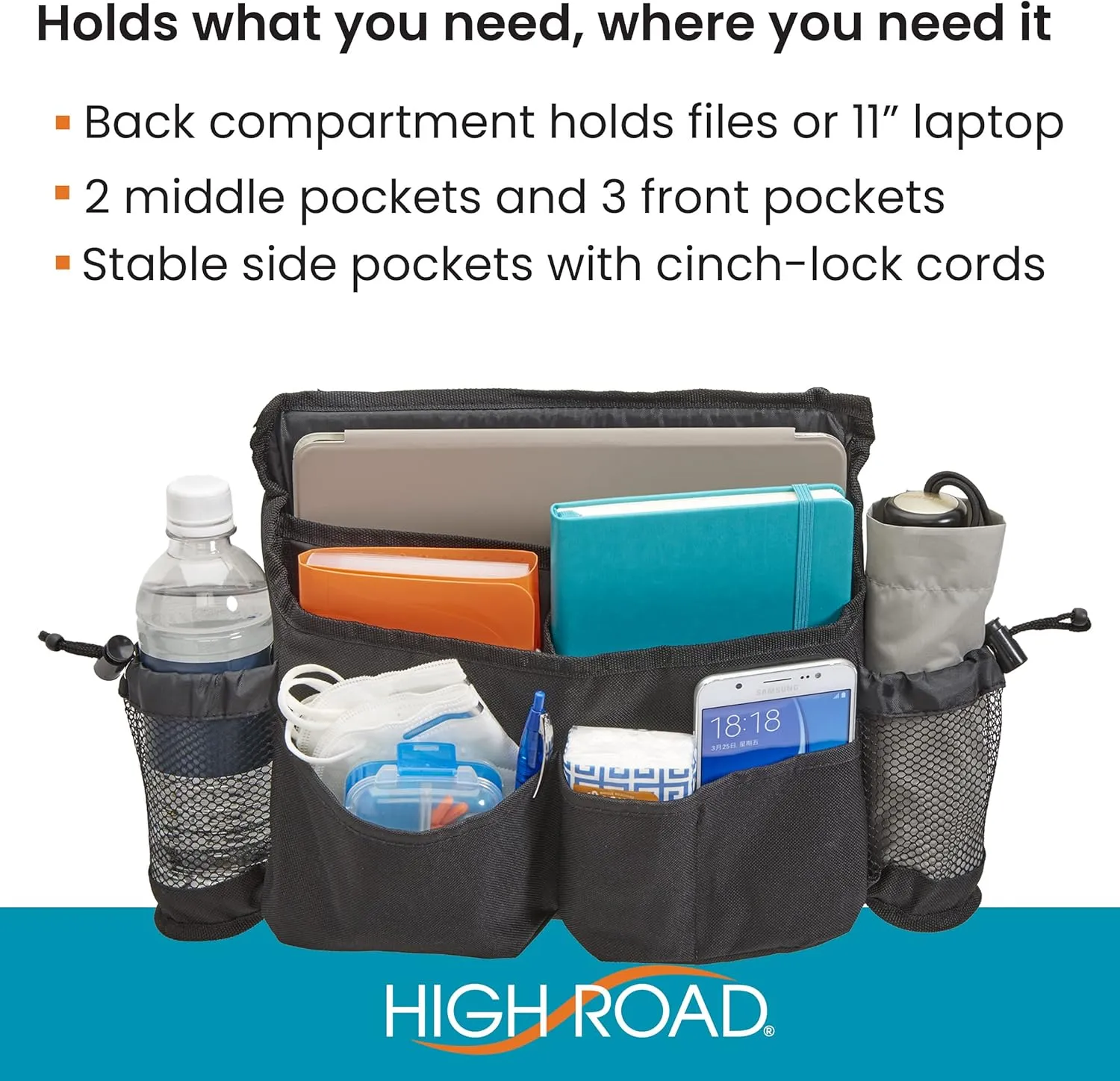 High Road Walker Bag, Wheelchair Bag and Mobility Scooter Caddy - 8 Easy Access Pockets and Cup Holders for Mobility Aids and Equipment