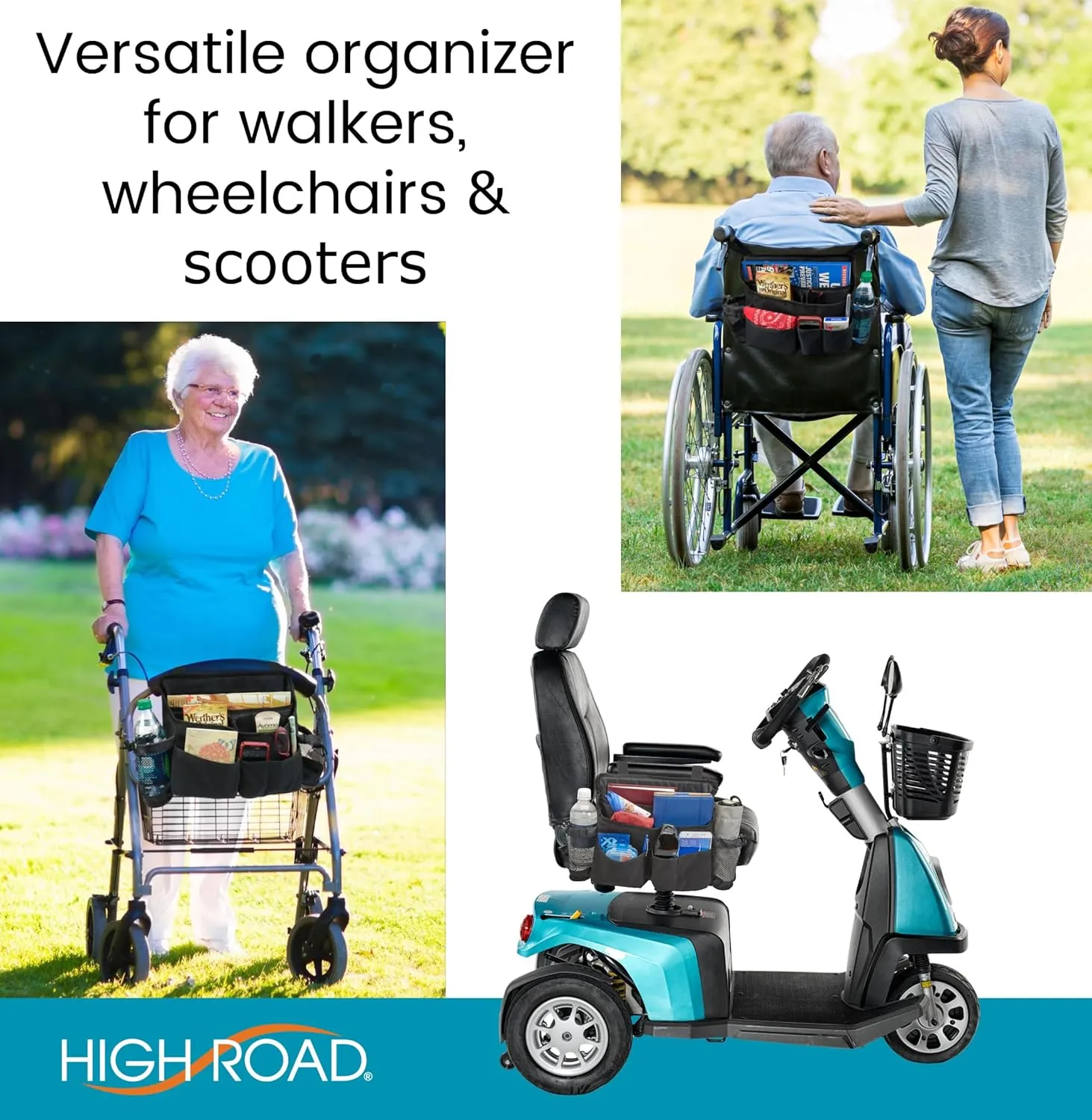 High Road Walker Bag, Wheelchair Bag and Mobility Scooter Caddy - 8 Easy Access Pockets and Cup Holders for Mobility Aids and Equipment