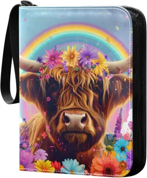 Highland Cow Colorful Daisies Card Binder 4 Pocket Trading Card Binder Portable Cards Collection Book with Zipper