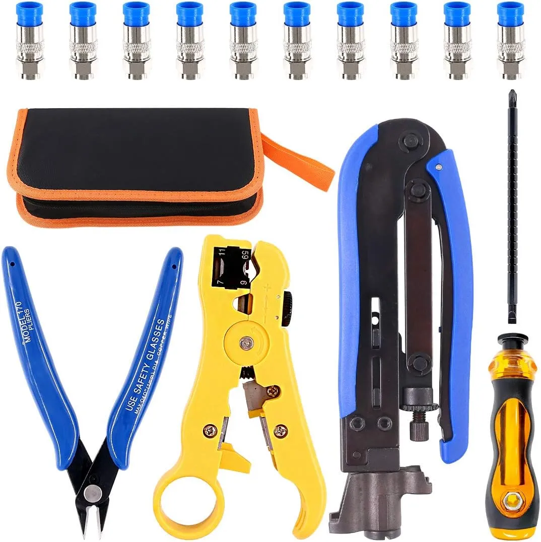 Hilitchi 5 in 1 Coaxial Compression Tool with Instruction Manual Coax Cable Crimper Cable Stripper RG6 RG59 RG11 75-5 75-7 Screwdriver and Micro Cutter with 10 PCS F Compression Connectors Blue RG6