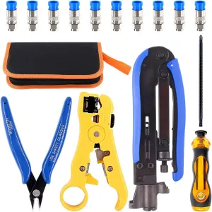 Hilitchi 5 in 1 Coaxial Compression Tool with Instruction Manual Coax Cable Crimper Cable Stripper RG6 RG59 RG11 75-5 75-7 Screwdriver and Micro Cutter with 10 PCS F Compression Connectors Blue RG6