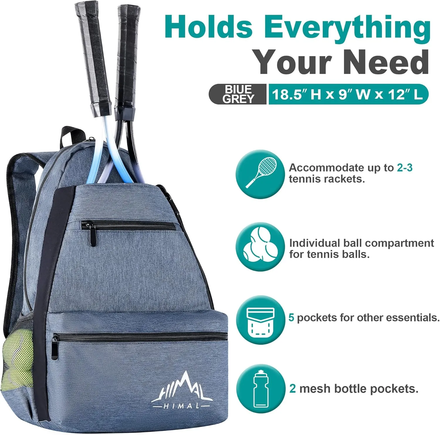 Himal Outdoors Tennis Backpack Tennis Bag - Large Storage Holds 2-3 Rackets and Necessities,Suitble for Women,Men and Teenagers