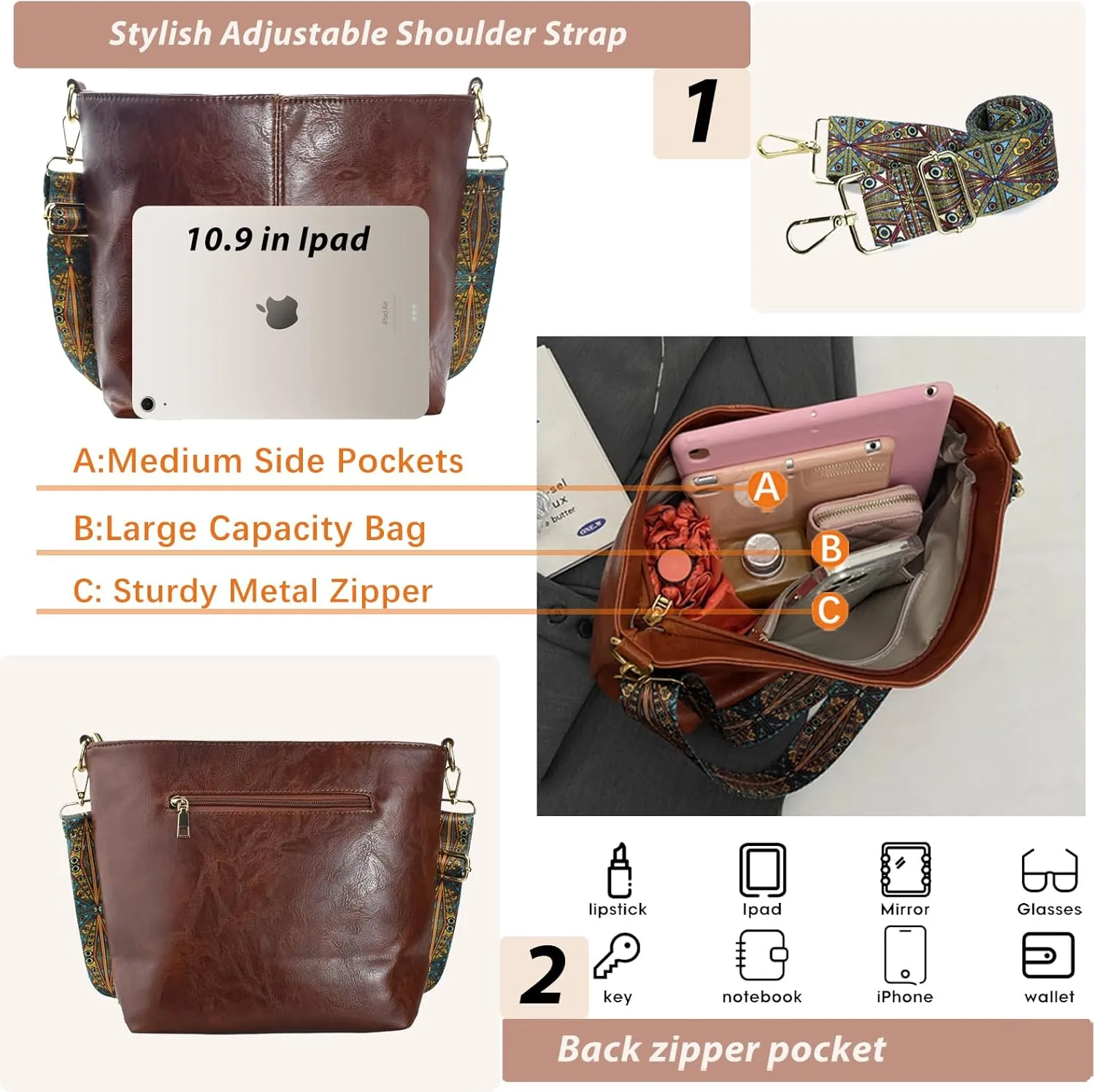 Hobo Bags Vegan Leather Crossbody Bag Guitar Strap Shoulder Purses with Zipper Handbags for Women
