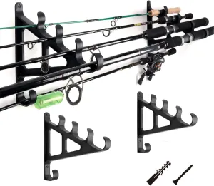 Horizontal Fishing Rod Rack Rod Holders for Wall Storage - Wall Mounted Fishing Rod Rack with Hook,Holds 4 Rods, Space Saving for Fishing Rods，Hiking Poles, Ski Poles, Hockey Sticks and Cue
