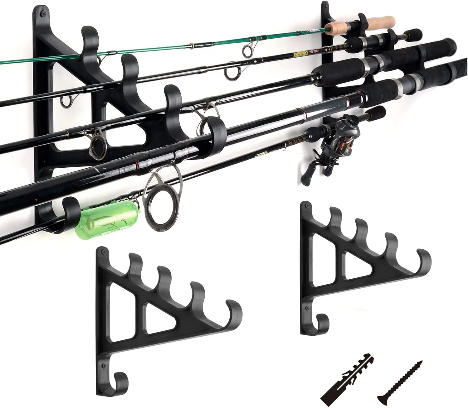 Horizontal Fishing Rod Rack Rod Holders for Wall Storage - Wall Mounted Fishing Rod Rack with Hook,Holds 4 Rods, Space Saving for Fishing Rods，Hiking Poles, Ski Poles, Hockey Sticks and Cue
