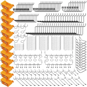 HORUSDY 260-Piece Pegboard Hooks Assortment Set, 17 Different Types of Hooks for Tool Organization – Includes Bins, Peg Locks, and Curved Hooks