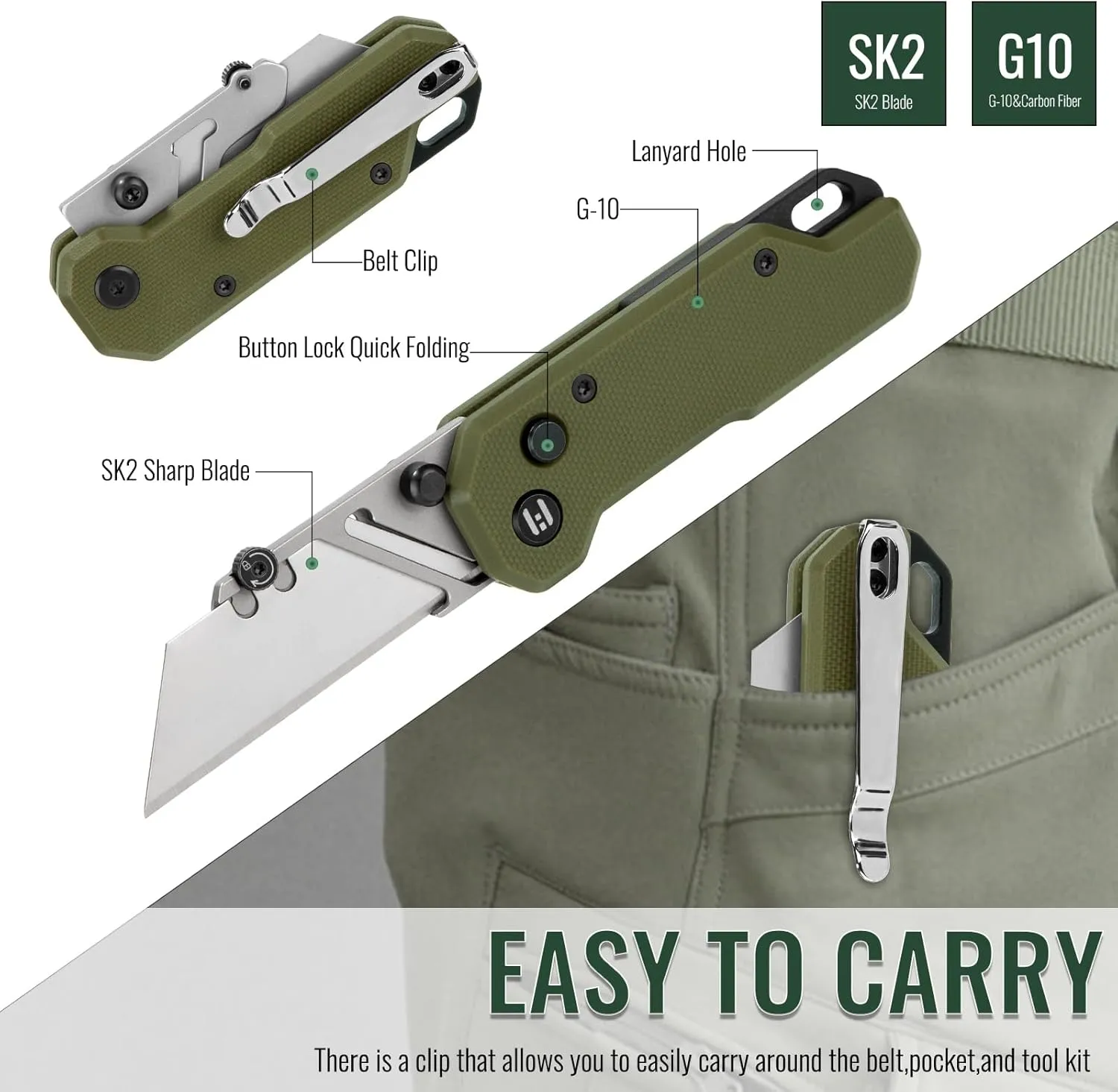 HOT KNIVES Folding Utility Box Cutter, Vectron Pocket Carpet Knife with G10 Handle & Belt Clip, Quick-change Blade, Utility EDC Knife with 10 Extra SK2 Blades, Ideal Gifts for Office,Factory(OD Green)