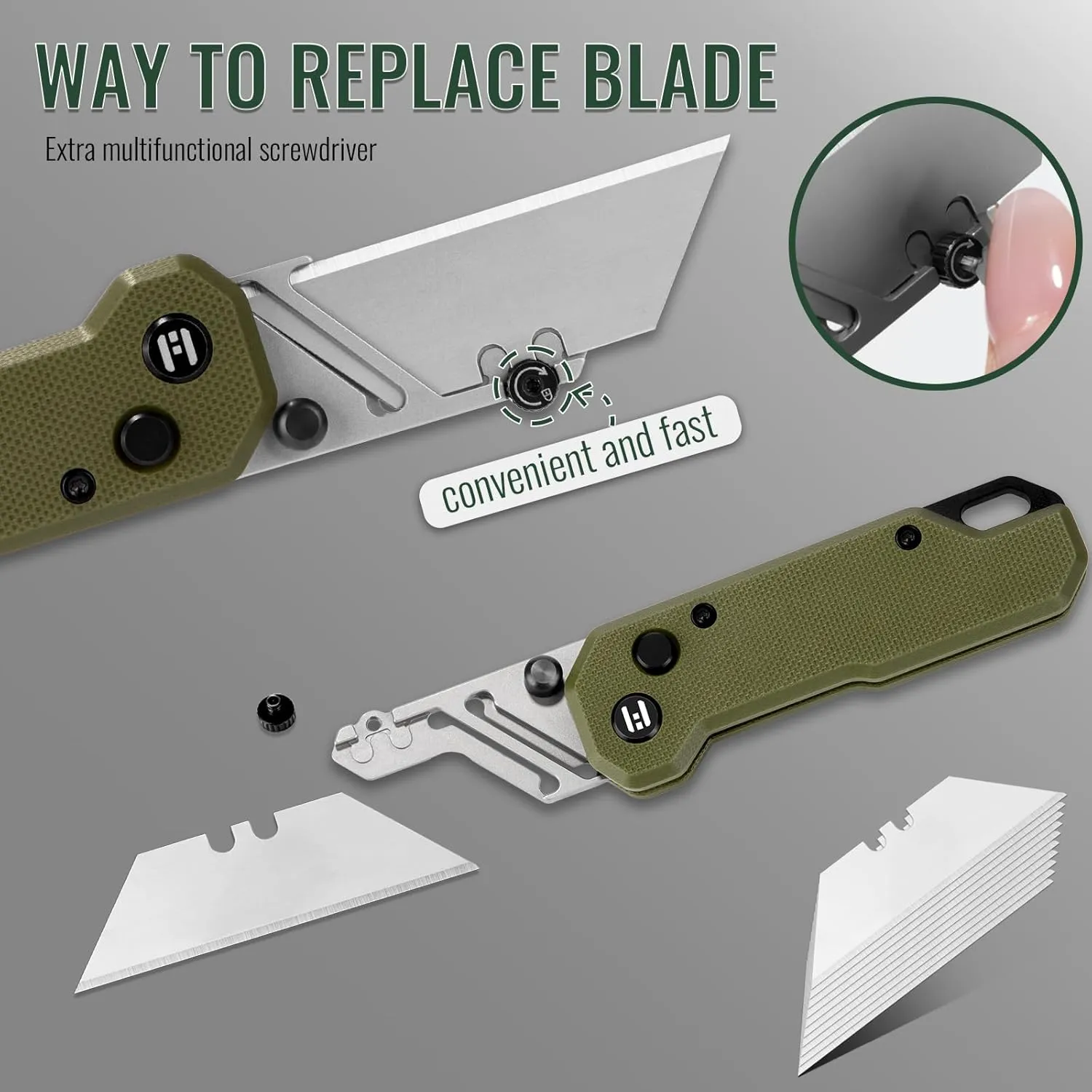 HOT KNIVES Folding Utility Box Cutter, Vectron Pocket Carpet Knife with G10 Handle & Belt Clip, Quick-change Blade, Utility EDC Knife with 10 Extra SK2 Blades, Ideal Gifts for Office,Factory(OD Green)