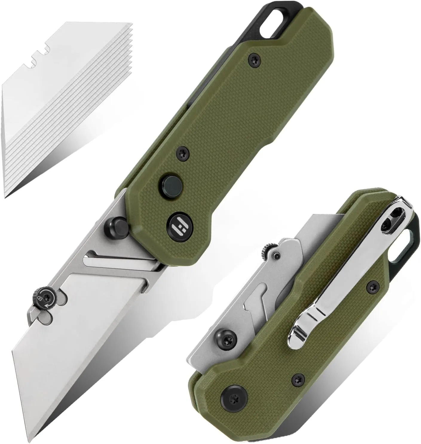 HOT KNIVES Folding Utility Box Cutter, Vectron Pocket Carpet Knife with G10 Handle & Belt Clip, Quick-change Blade, Utility EDC Knife with 10 Extra SK2 Blades, Ideal Gifts for Office,Factory(OD Green)