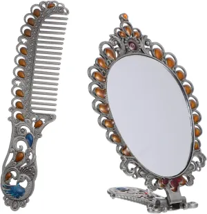Housoutil Handheld Cosmetic Mirror 2pcs Vintage Mirror Comb Set for Makeup Lipstick