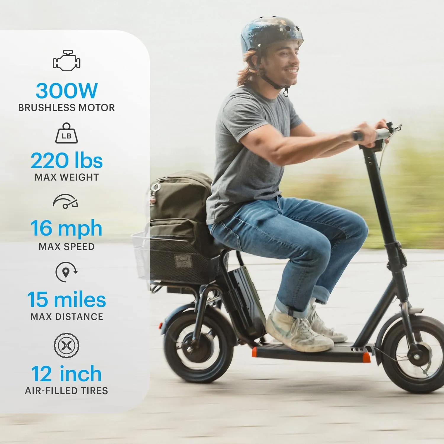 Hover-1 Alpha Cargo Foldable Electric Scooter with 300W Brushless Motor, 16 mph Max Speed, 12” Tires, and 15 Mile Range Commuter Scooter for Adults & Teens
