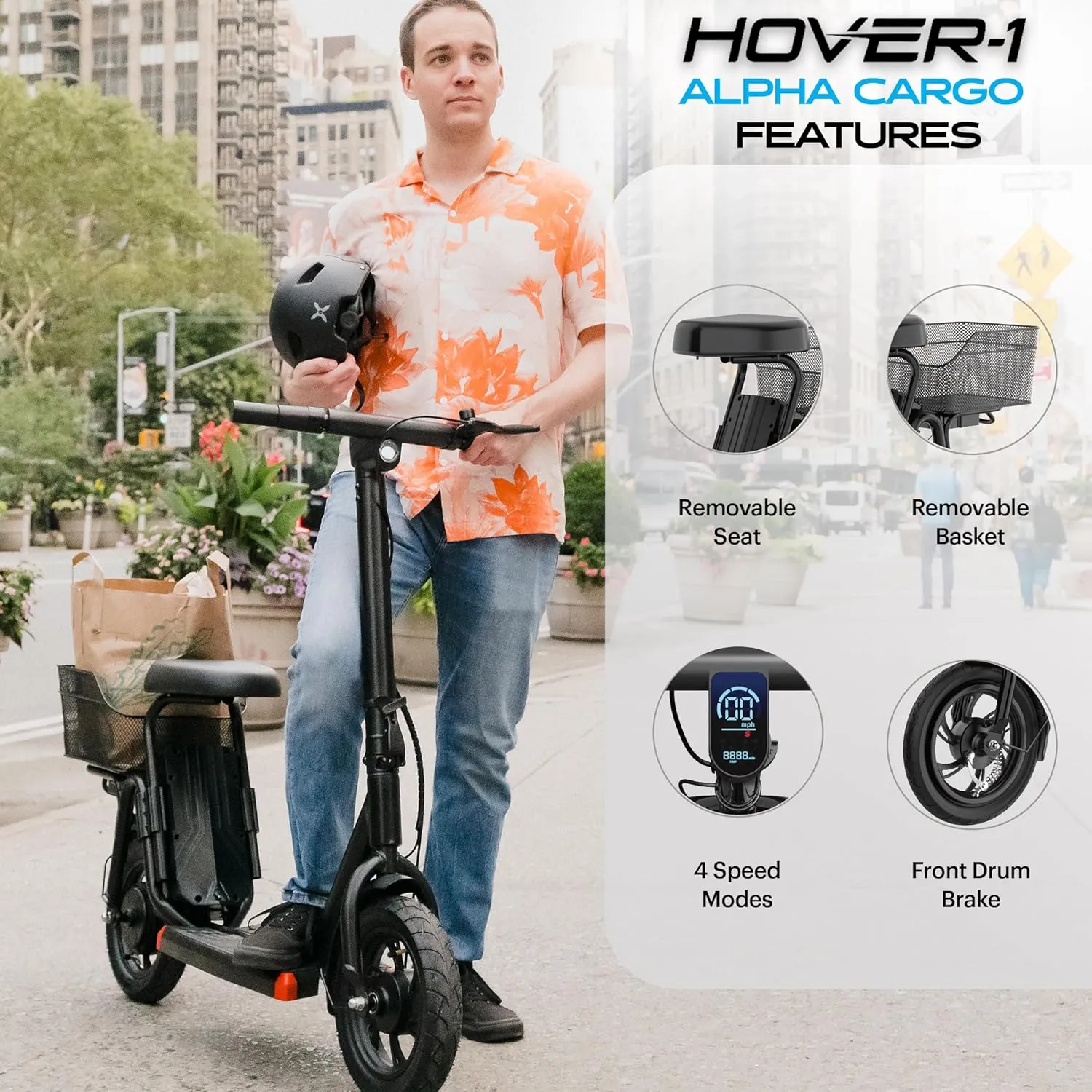 Hover-1 Alpha Cargo Foldable Electric Scooter with 300W Brushless Motor, 16 mph Max Speed, 12” Tires, and 15 Mile Range Commuter Scooter for Adults & Teens