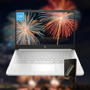 HP 14" Laptop, Microsoft 365, Copilot AI,32GB RAM, 1.1 TB Storage (128GB UFS with Skyerd 1TB Portable SSD),13th Gen 4 Cores Intel Processor, Wi-Fi 6, Long Battery, Silver,Win 11 Home