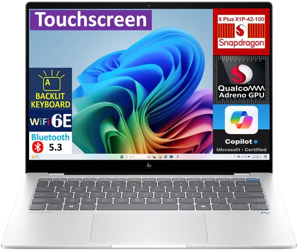 HP OmniBook X Laptop 14.0" Touchscreen 2.2K Display (Qualcomm Snapdragon X Plus X1P-42-100, 16GB LPDDR5X, 512GB PCIe SSD, Qualcomm Adreno, Backlit KB, WiFi 6E, Win 11 Pro) w/DKZ USB Port Expander