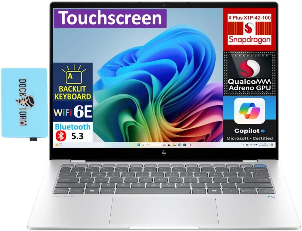 HP OmniBook X Laptop 14.0" Touchscreen 2.2K Display (Qualcomm Snapdragon X Plus X1P-42-100, 16GB LPDDR5X, 512GB PCIe SSD, Qualcomm Adreno, Backlit KB, WiFi 6E, Win 11 Pro) w/DKZ USB Port Expander
