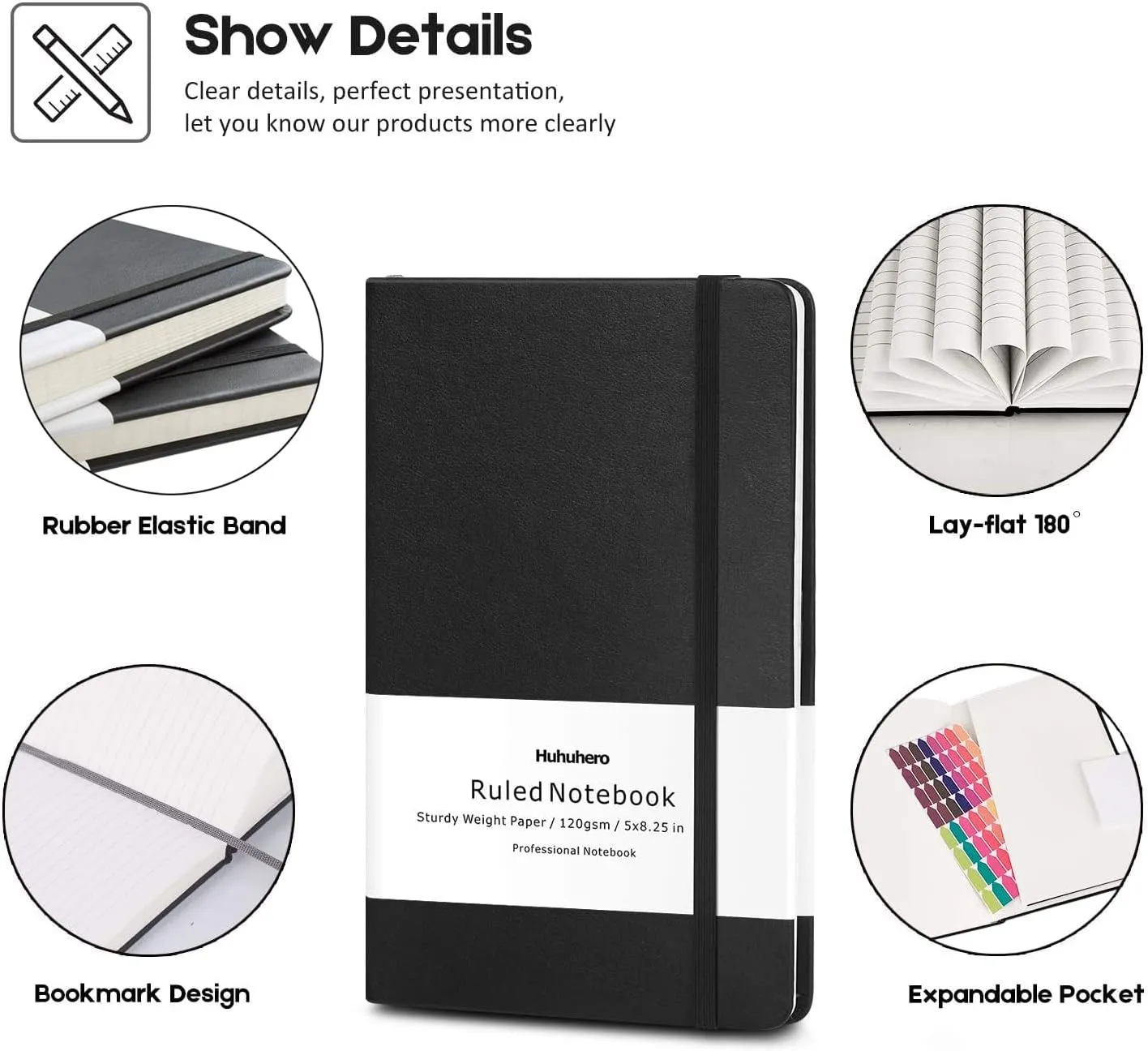 Huhuhero 10 Pack Lined Journal Notebook, 120Gsm College Ruled Thick Paper Journals for Writing, Hardcover Notebooks for Work School Business Note Taking Women Men, 5"×8.25" (10, Black)