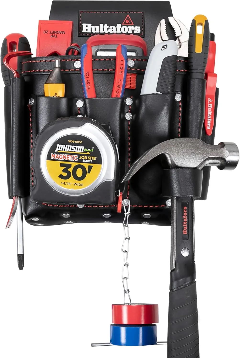 Hultafors Work Gear HT5421 Electrician's Premium Leather Tool Pouch, Molded Front Pockets, Tape Chain, Metal Tool Clip, Leather Hammer Loop