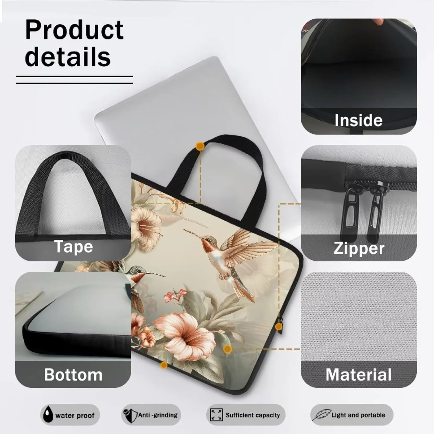 Hummingbird 15 Inch Laptop Sleeve Floral Laptop Cover Computer Tote Bag Tablet Carrying Case with Handle,Notebook Sleeves Messenger Briefcase for Travel/Business/Work