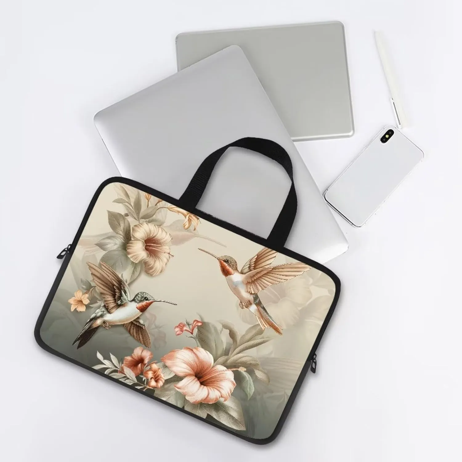 Hummingbird 15 Inch Laptop Sleeve Floral Laptop Cover Computer Tote Bag Tablet Carrying Case with Handle,Notebook Sleeves Messenger Briefcase for Travel/Business/Work