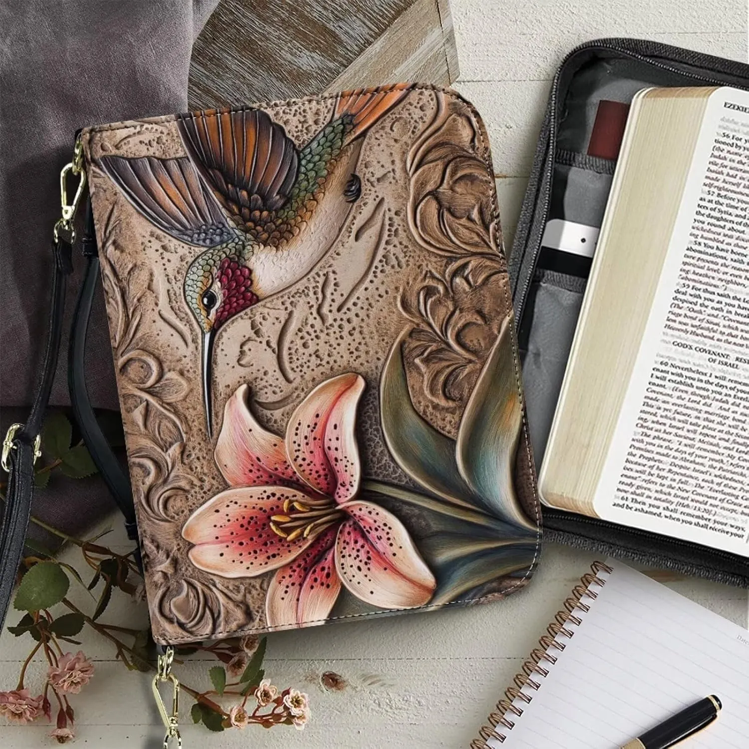 Hummingbird Flower Printed Bible Bag for Women, Washable Bible Cover Case with Detachable Shoulder Strap, PU Leather Bible Accessories for Christian Gifts, Brown, XL