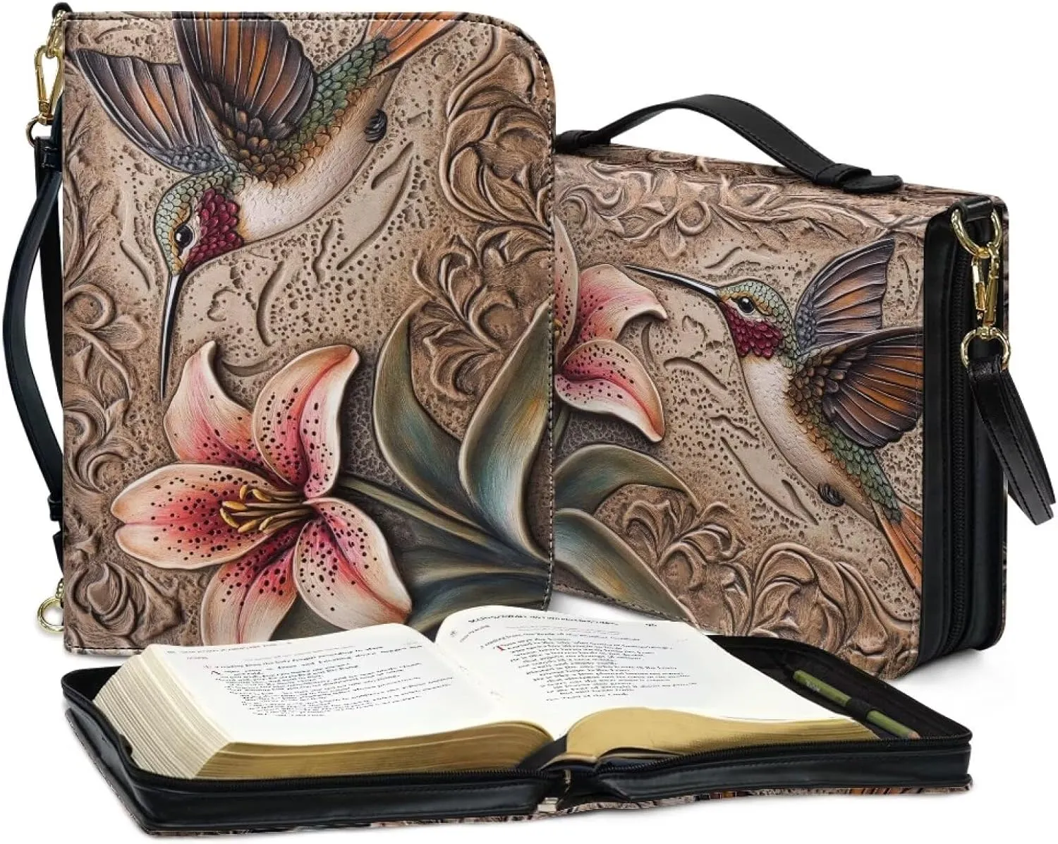 Hummingbird Flower Printed Bible Bag for Women, Washable Bible Cover Case with Detachable Shoulder Strap, PU Leather Bible Accessories for Christian Gifts, Brown, XL