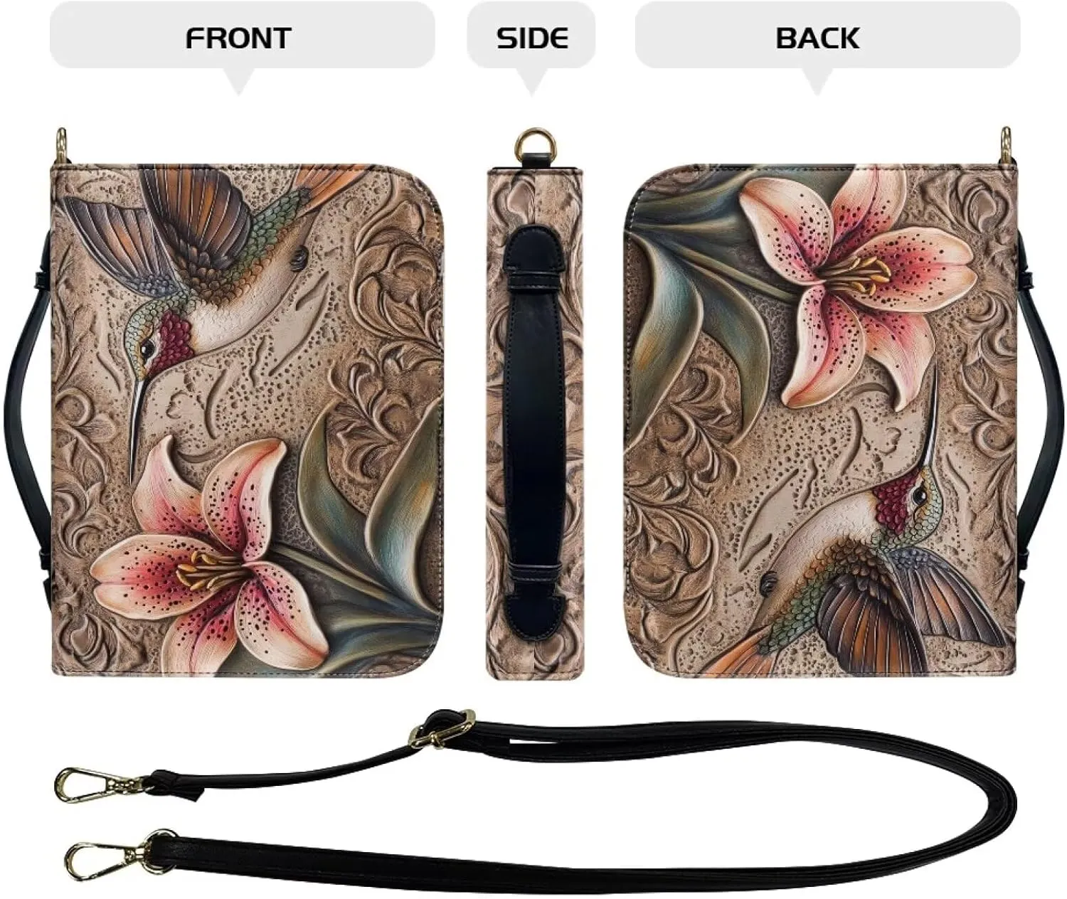 Hummingbird Flower Printed Bible Bag for Women, Washable Bible Cover Case with Detachable Shoulder Strap, PU Leather Bible Accessories for Christian Gifts, Brown, XL