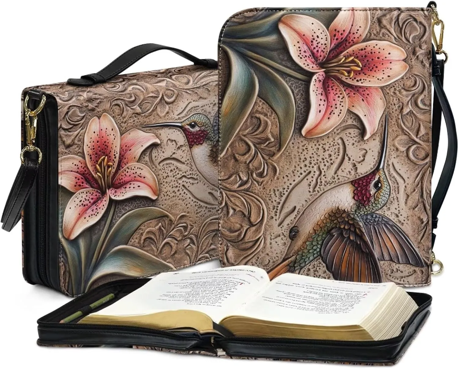 Hummingbird Flower Printed Bible Bag for Women, Washable Bible Cover Case with Detachable Shoulder Strap, PU Leather Bible Accessories for Christian Gifts, Brown, XL