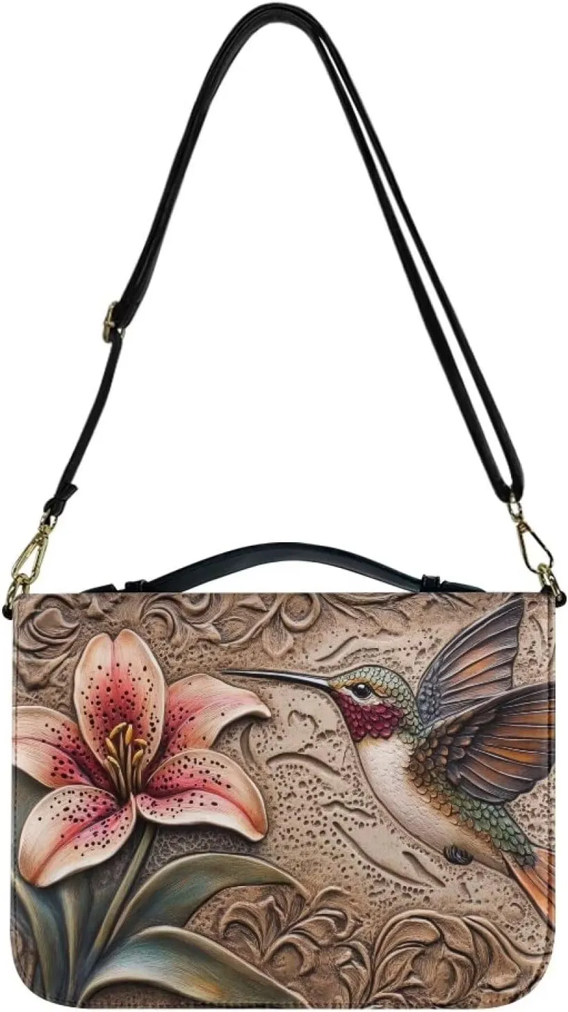 Hummingbird Flower Printed Bible Bag for Women, Washable Bible Cover Case with Detachable Shoulder Strap, PU Leather Bible Accessories for Christian Gifts, Brown, XL