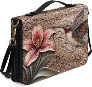 Hummingbird Flower Printed Bible Bag for Women, Washable Bible Cover Case with Detachable Shoulder Strap, PU Leather Bible Accessories for Christian Gifts, Brown, XL