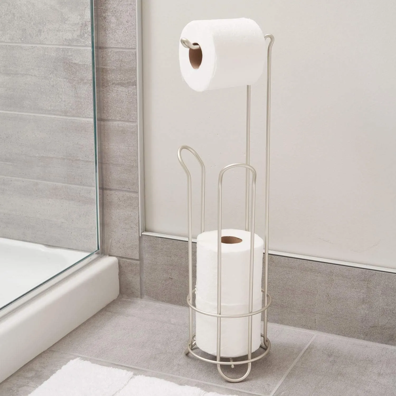 iDesign Classico Metal Toilet Tissue Roll Reserve Organizer for Bathroom, Compact Organizer, Holds 4 Rolls of Toilet Paper, Satin Silver