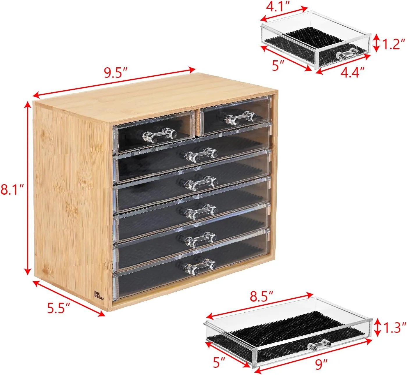 Ikee Design Bamboo Makeup Organizer Bamboo Storage Organizer with 7 Acrylic Storage Drawers, Ideal for Cosmetics, Jewelry, Hair Accessories, Perfect for Vanity, Bathroom Counter, or Dresser