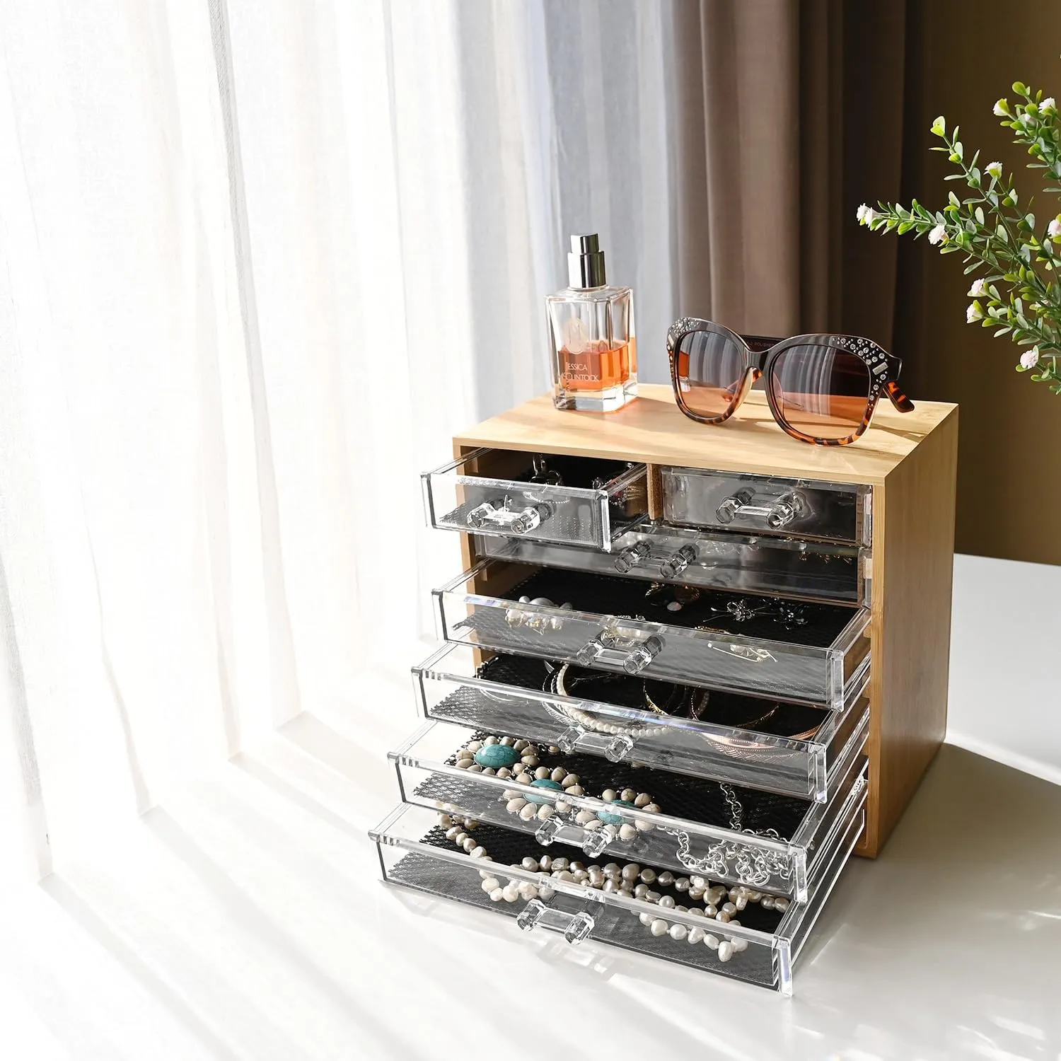 Ikee Design Bamboo Makeup Organizer Bamboo Storage Organizer with 7 Acrylic Storage Drawers, Ideal for Cosmetics, Jewelry, Hair Accessories, Perfect for Vanity, Bathroom Counter, or Dresser