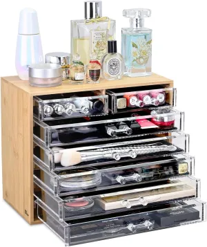 Ikee Design Bamboo Makeup Organizer Bamboo Storage Organizer with 7 Acrylic Storage Drawers, Ideal for Cosmetics, Jewelry, Hair Accessories, Perfect for Vanity, Bathroom Counter, or Dresser