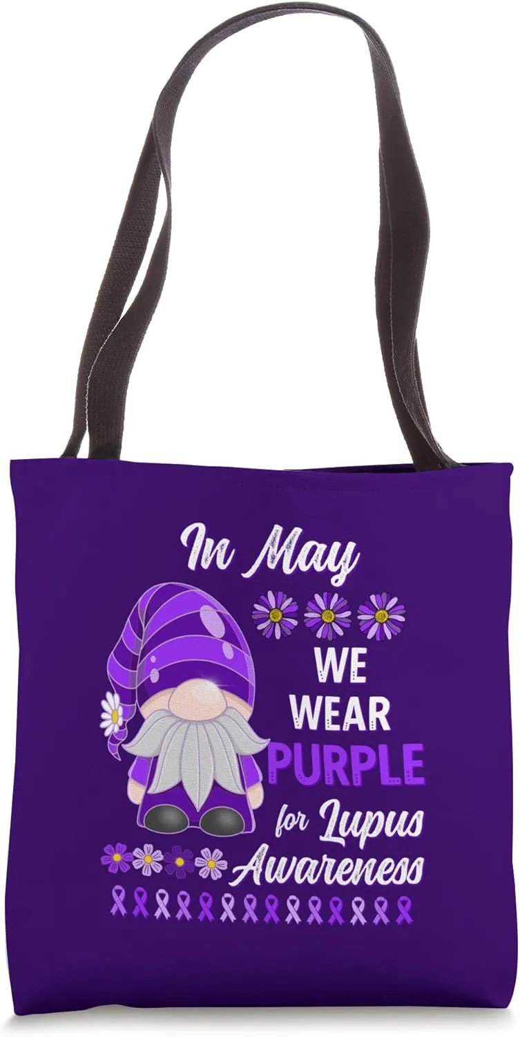 In May We Wear Purple Lupus Awareness Month Gnome Daisy Tote Bag