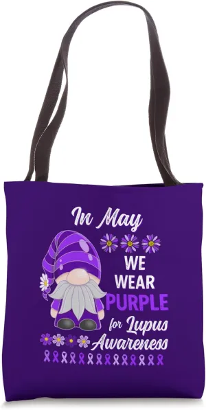In May We Wear Purple Lupus Awareness Month Gnome Daisy Tote Bag