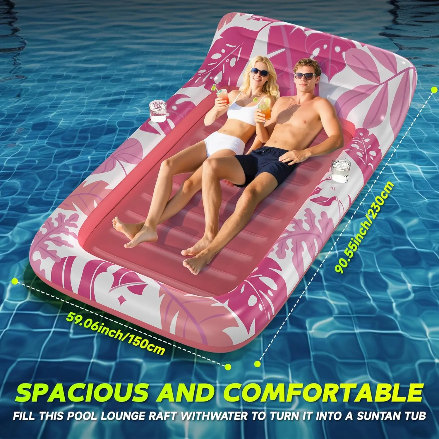 Inflatable Pool Floats Adult, 2 Pack Floating Lounge Chairs with Cup Holders, Heavy Duty Blow Up Pool Floats Chair for Summer Water Fun, Beach, Lake, or Pool Party