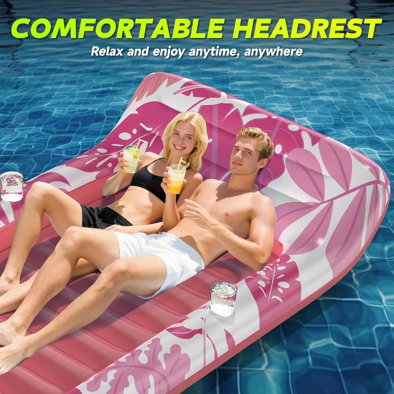 Inflatable Pool Floats Adult, 2 Pack Floating Lounge Chairs with Cup Holders, Heavy Duty Blow Up Pool Floats Chair for Summer Water Fun, Beach, Lake, or Pool Party