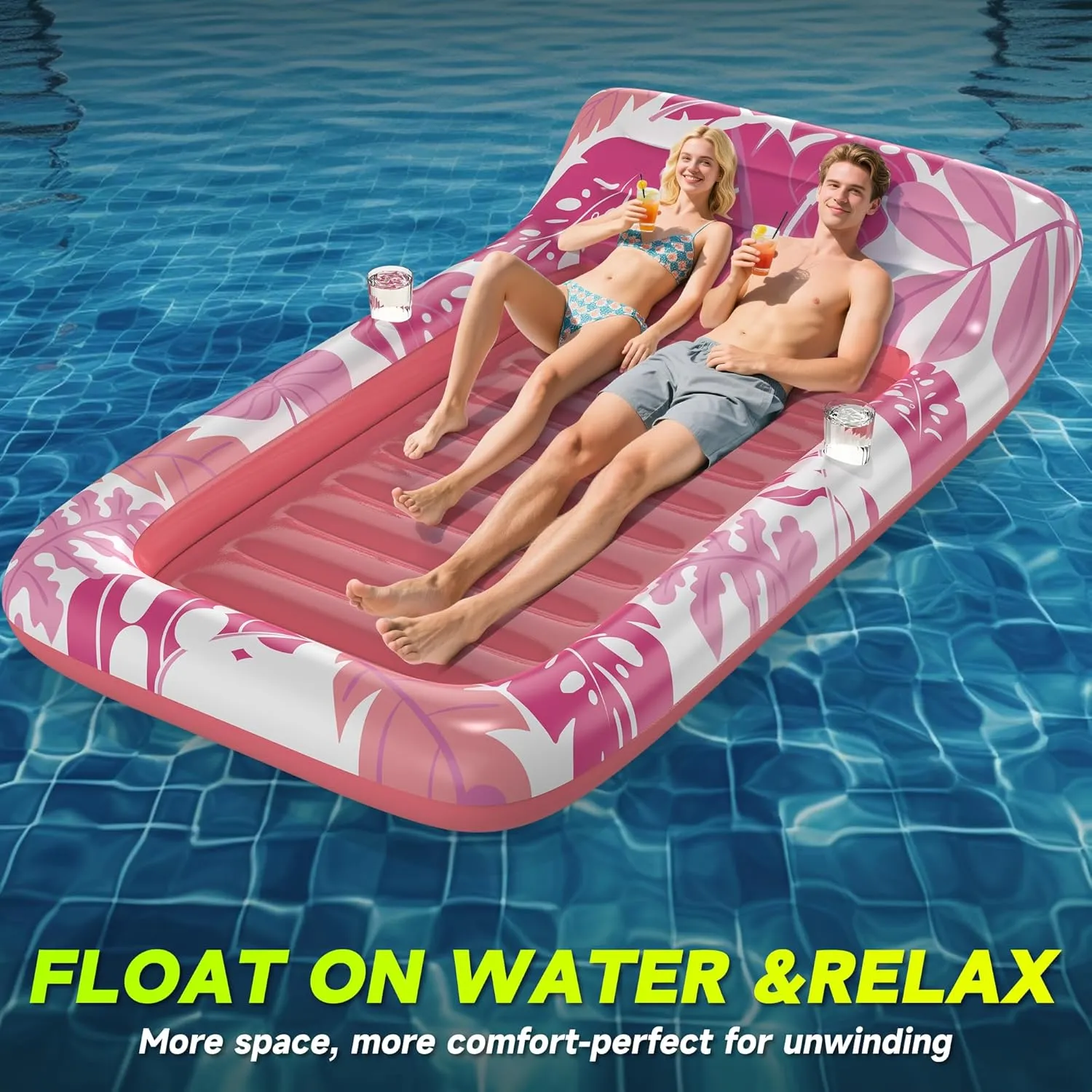 Inflatable Pool Floats Adult, 2 Pack Floating Lounge Chairs with Cup Holders, Heavy Duty Blow Up Pool Floats Chair for Summer Water Fun, Beach, Lake, or Pool Party