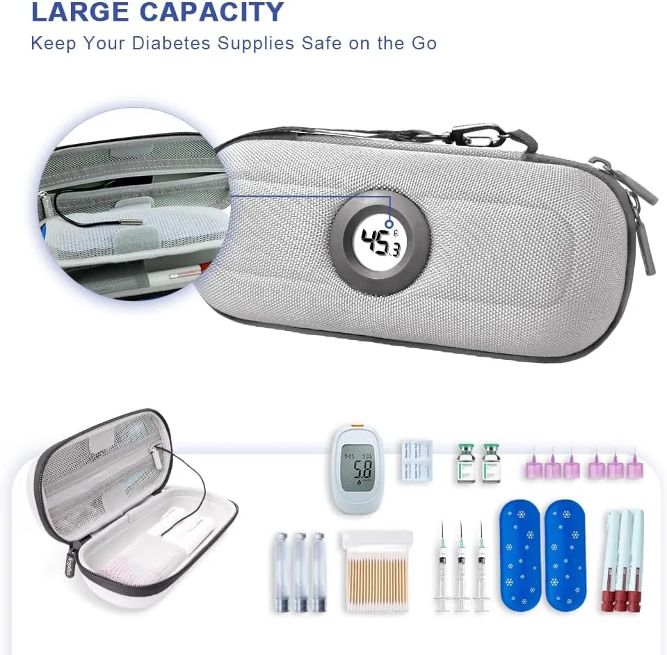 Insulin Cooler Diabetes Travel Case with Thermometer Temperature Display, Refrigerated Medication Travel Bag, Vials Organizer Bag with 2 TSA Approved Ice Pack for Daily Trip (Grey)