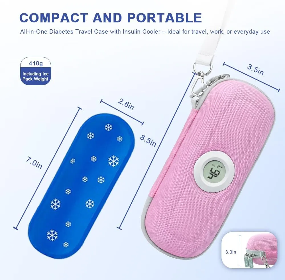 Insulin Cooler Diabetes Travel Case with Thermometer Temperature Display, Refrigerated Medication Travel Bag, Vials Organizer Bag with 2 TSA Approved Ice Pack for Daily Trip (Pink)