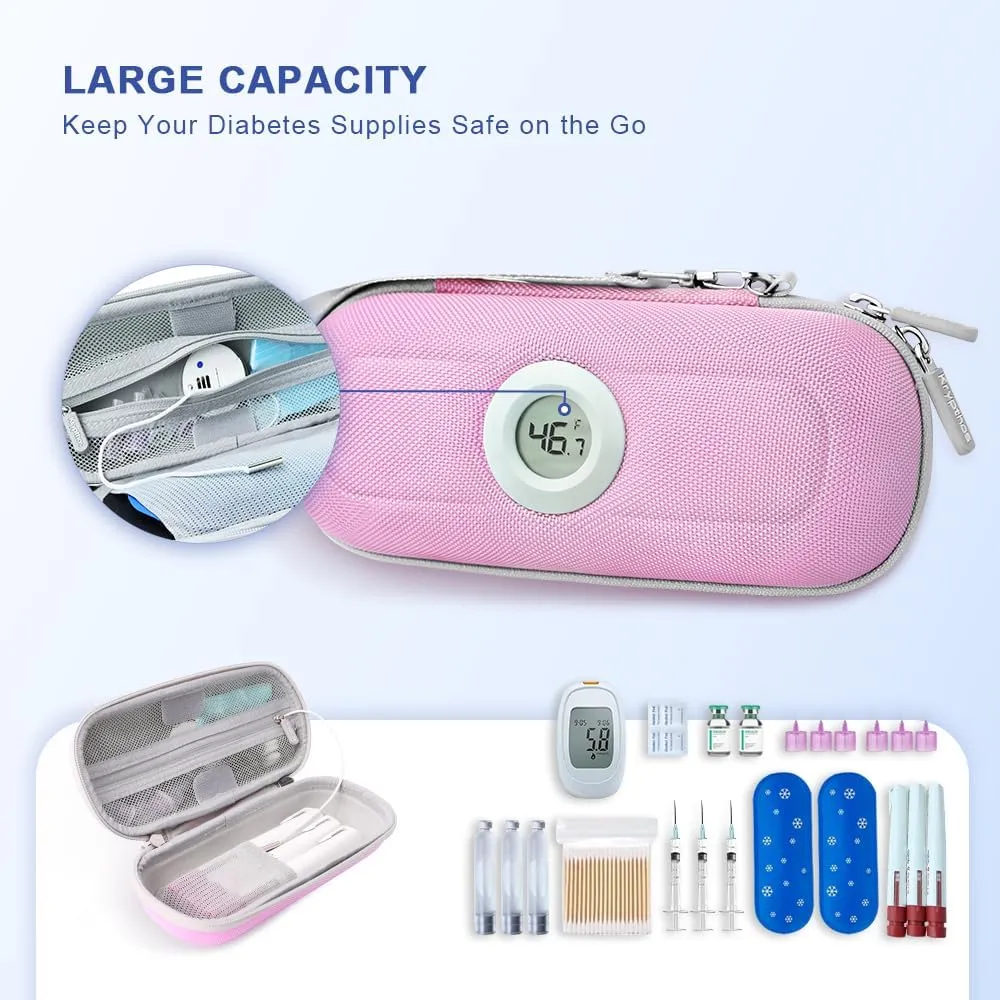 Insulin Cooler Diabetes Travel Case with Thermometer Temperature Display, Refrigerated Medication Travel Bag, Vials Organizer Bag with 2 TSA Approved Ice Pack for Daily Trip (Pink)