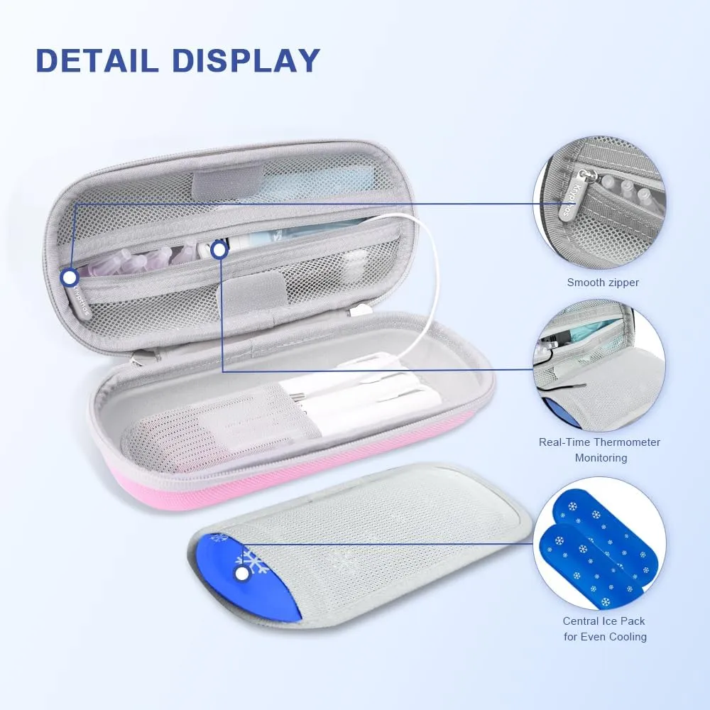 Insulin Cooler Diabetes Travel Case with Thermometer Temperature Display, Refrigerated Medication Travel Bag, Vials Organizer Bag with 2 TSA Approved Ice Pack for Daily Trip (Pink)