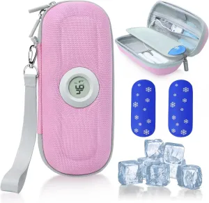 Insulin Cooler Diabetes Travel Case with Thermometer Temperature Display, Refrigerated Medication Travel Bag, Vials Organizer Bag with 2 TSA Approved Ice Pack for Daily Trip (Pink)
