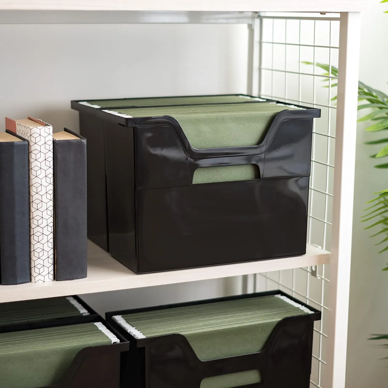 IRIS USA Medium Portable Desktop File Box with Open Lid, 6 Pack, Side Handles, Tabs & Inserts, Hanging File Folders, Letter-Size File Magazine Newspaper Mail Document Notebook, Black