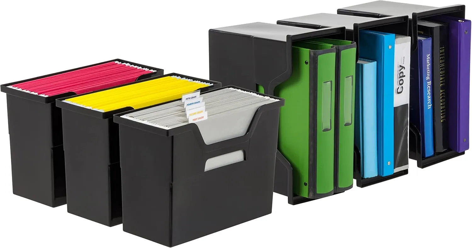 IRIS USA Medium Portable Desktop File Box with Open Lid, 6 Pack, Side Handles, Tabs & Inserts, Hanging File Folders, Letter-Size File Magazine Newspaper Mail Document Notebook, Black